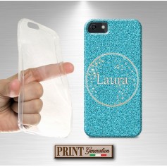 Cover stampata personalizzata nome azzurra bollicina effetto glitter Samsung