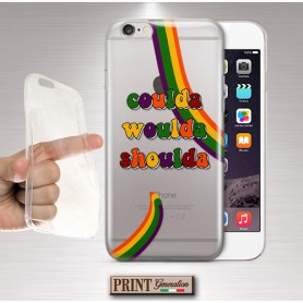 Cover - 'coulda woulda shoulda' TRASPARENTE good vibes positività colori hippie 70s frasi IPHONE