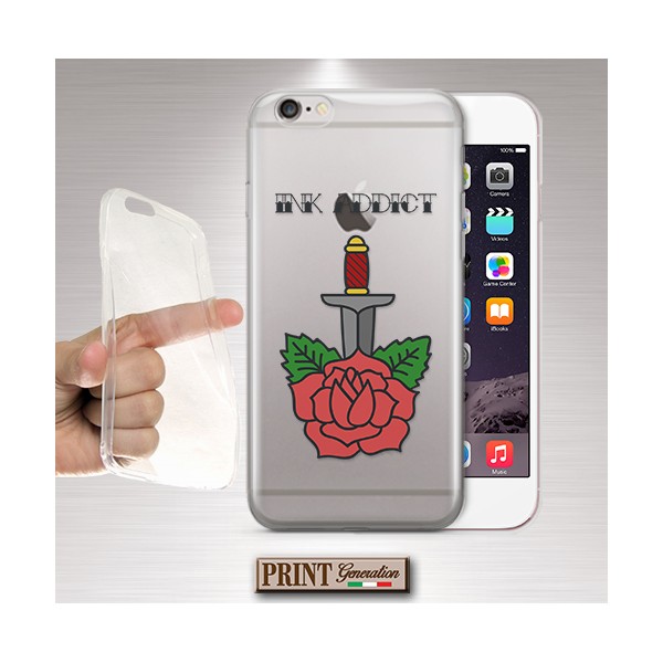 Cover - 'INK ADDICT ROSE KNIFE' TATUAGGI CARINO TRASPARENTE TRADITIONAL STYLE ROSA E COLTELLO HUAWEI